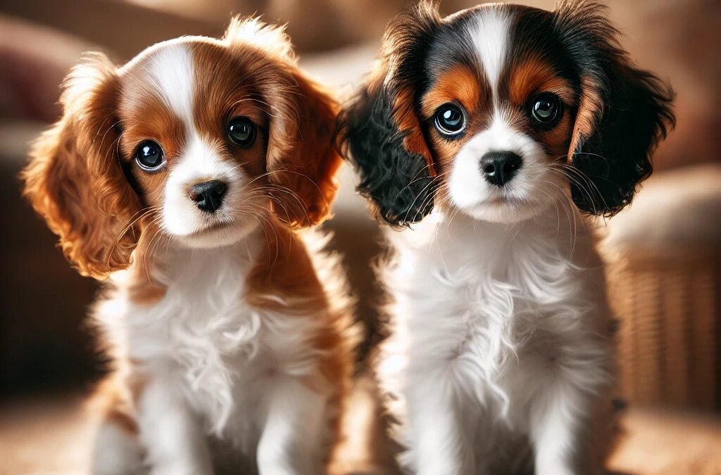 pros and cons of owning a a Cavalier - Cavalier puppies in Blenheim and Tricolour colours sitting on a cosy rug