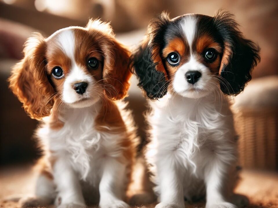 pros and cons of owning a a Cavalier - Cavalier puppies in Blenheim and Tricolour colours sitting on a cosy rug